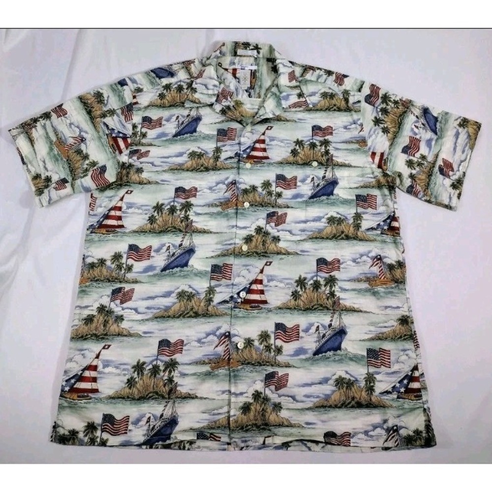 Burma Bibas Shirt Mens Sz L Hawaiian Patriotic US Flags Boats 60 Singles Lawn
